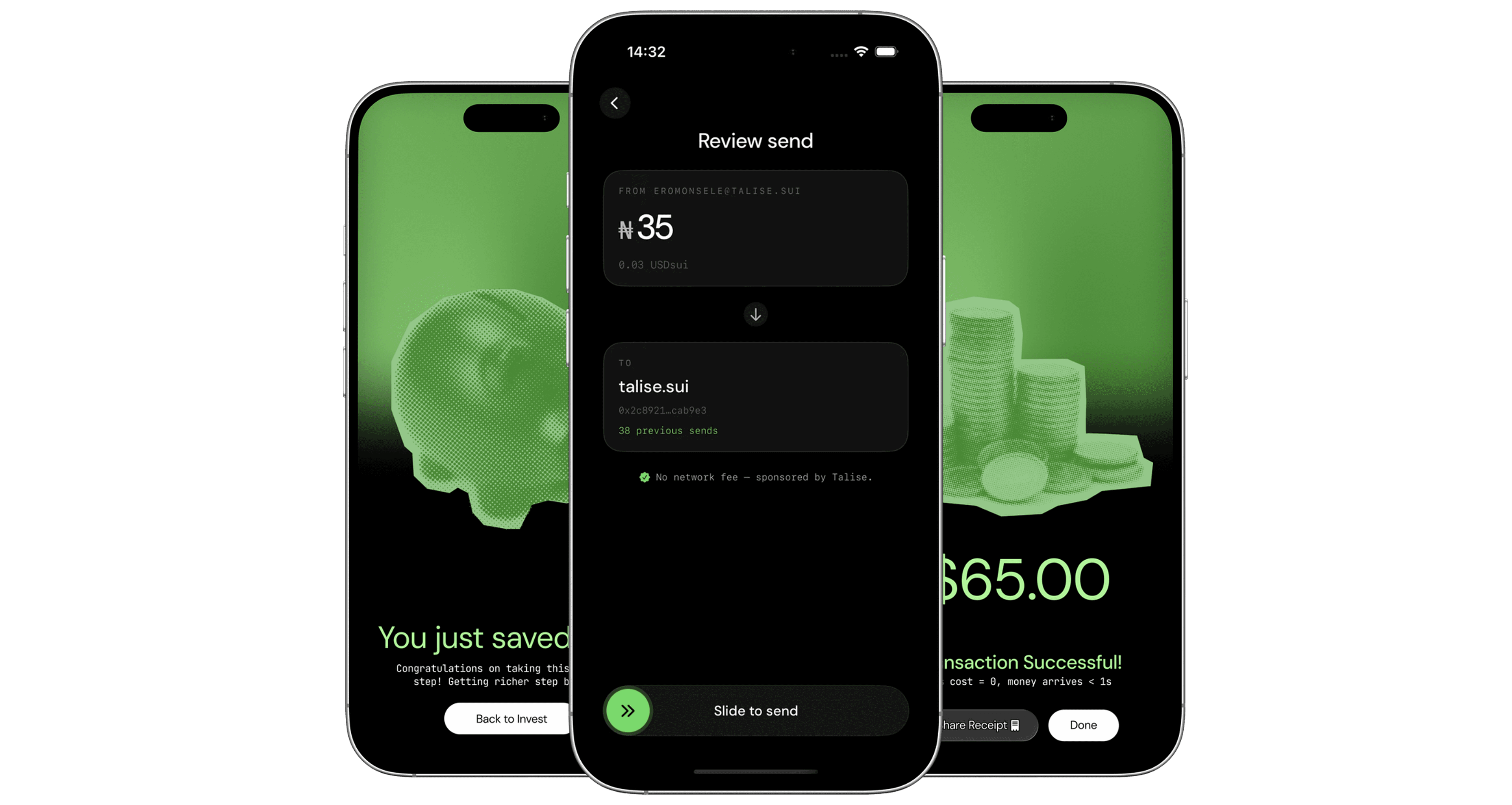 Three Talise app screens, a savings screen, a review-send screen showing no network fee, and a transaction-successful screen