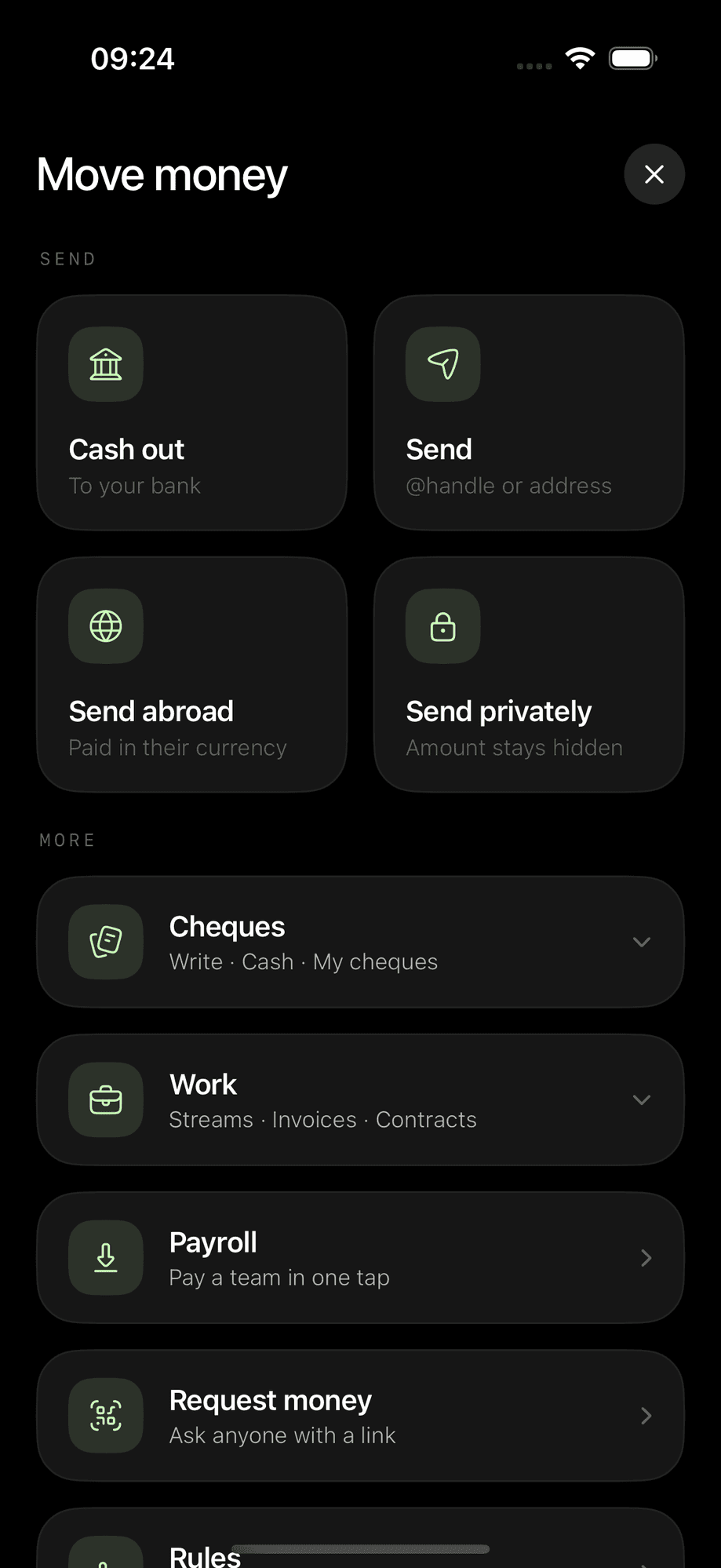Talise Move money screen, cash out, send, send abroad, send privately, and more